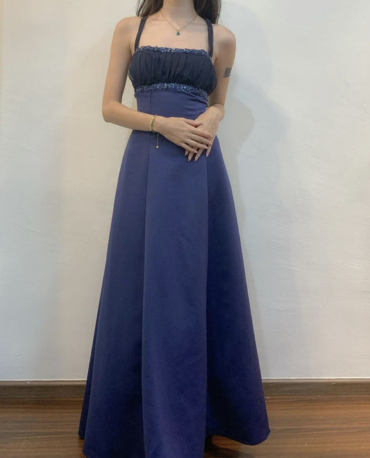 Vintage A Line Strap Navy Blue Satin Sleeveless Long Formal Dress Evening Gown Prom Dresses N2551