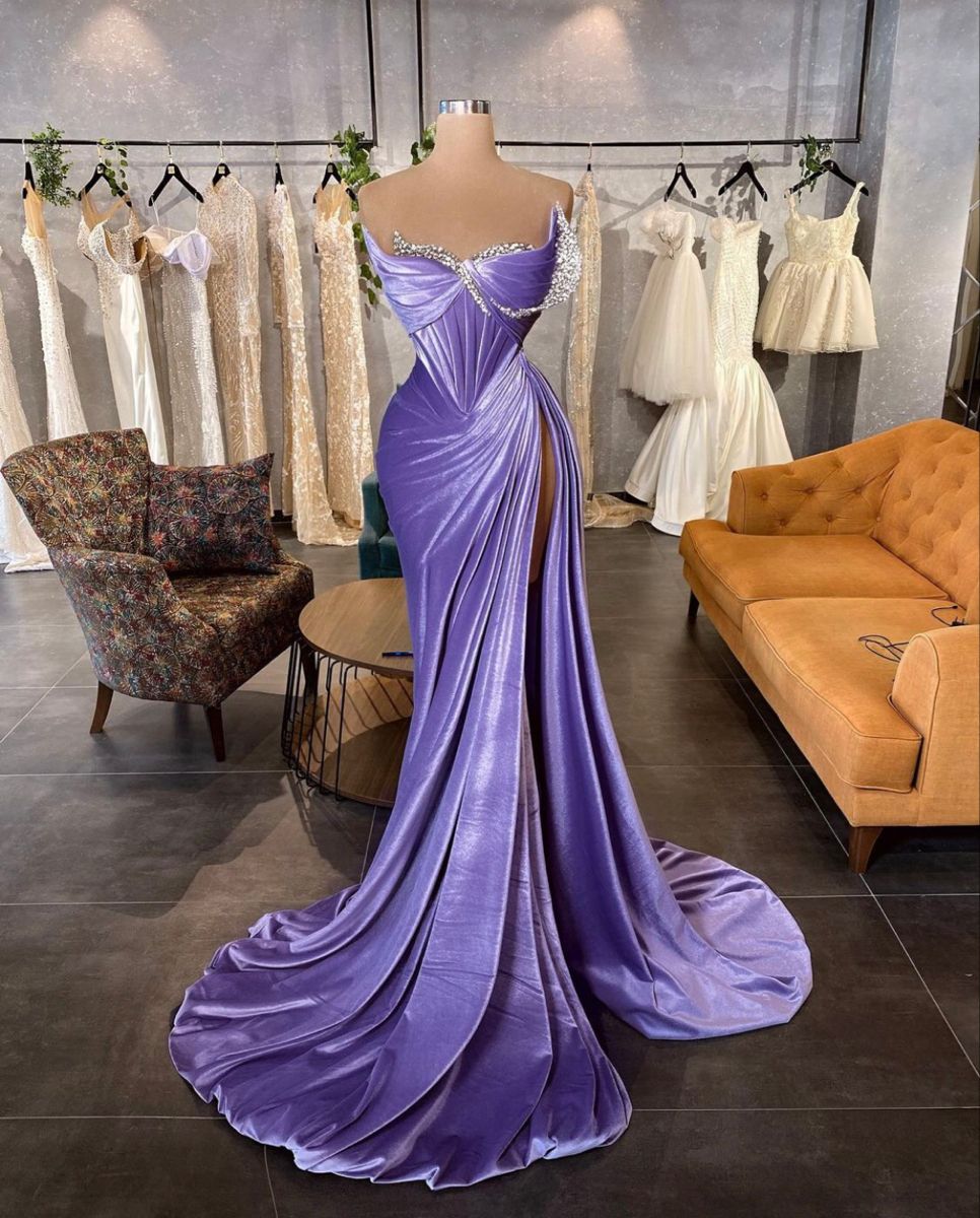 Modest Senior Prom Dresses High Schools Inspiration Mermaid Sweetheart Lilac Semi Formal Velvet Slit Prom Dress For Teens AB1947