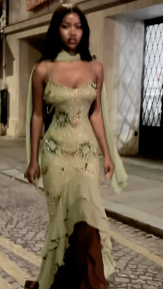 Sexy Prom Dresses Impress High Low Spaghetti Straps Sage Green Chiffon With Beads Semi Formal Graduation Party Dress For Teens High Schools AB1951