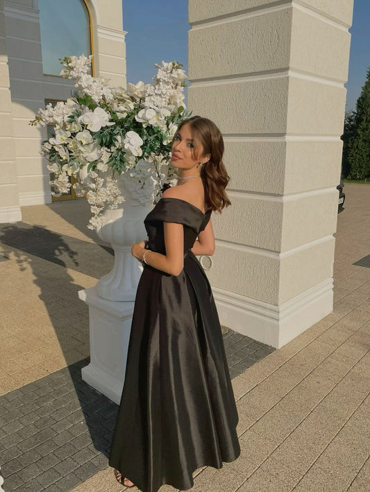 Simple A line Off The Shoulder Black With Split Long Formal Fancy Prom Evening Dress Dinner Outfits Classy Party Gowns For Black Girls AB2097