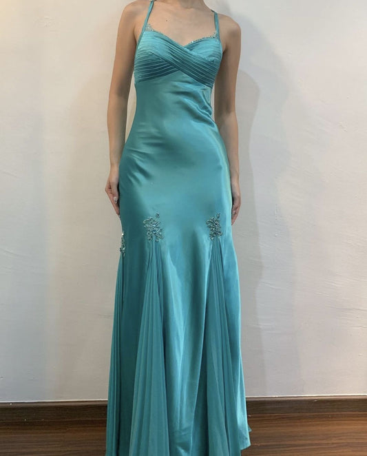 Vintage 80s Mermaid Spaghetti Strap Blue Satin With Beading Formal Dress 18th Birthday Prom Dresses N2774