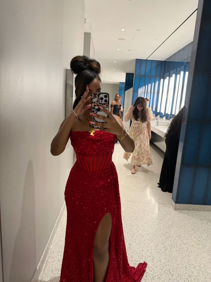 Sexy Mermaid Strapless Red Sequins Inspo With High Split Formal Party Gowns Long Prom Dresses AB1771
