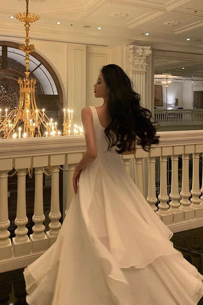 Gorgeous A Line Square Neckline Sleeveless White Date Night Dress Prom Dresses Birthday Outfits AB1915