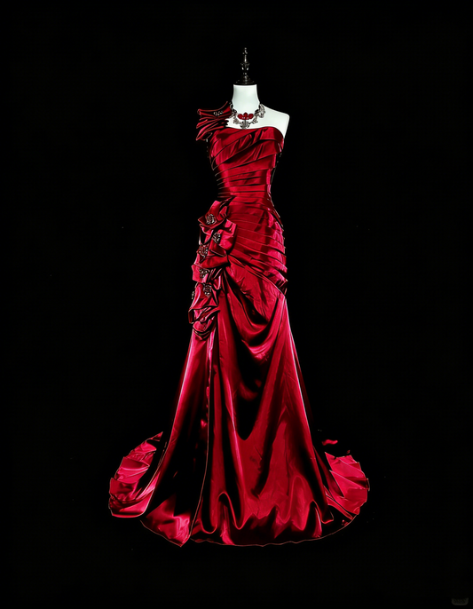 Vintage 1980s Mermaid One Shoulder Red With Pleated Ruffles Sleeveless Long Prom Formal Dresses N1602