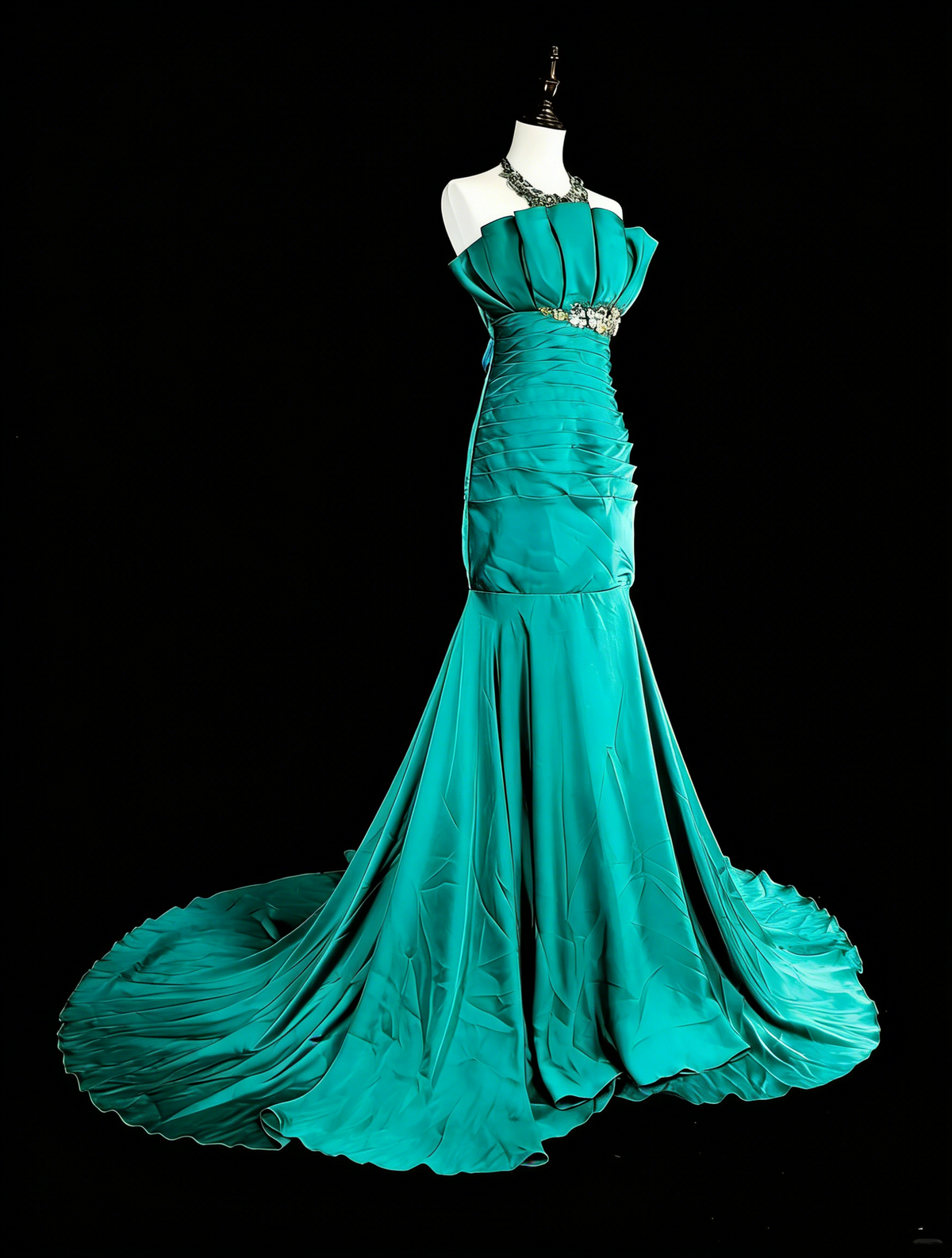 Vintage Mermaid Strapless Satin Green 70s With Pleated Beads Long Prom Gown Party Wear Dresses N1842