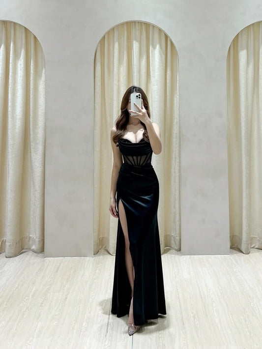 Modest Senior Prom Dresses High Schools Inspiration Mermaid Spaghetti Strap Black With Slit Semi Formal Grad Long Prom Dress For Teens AB2116