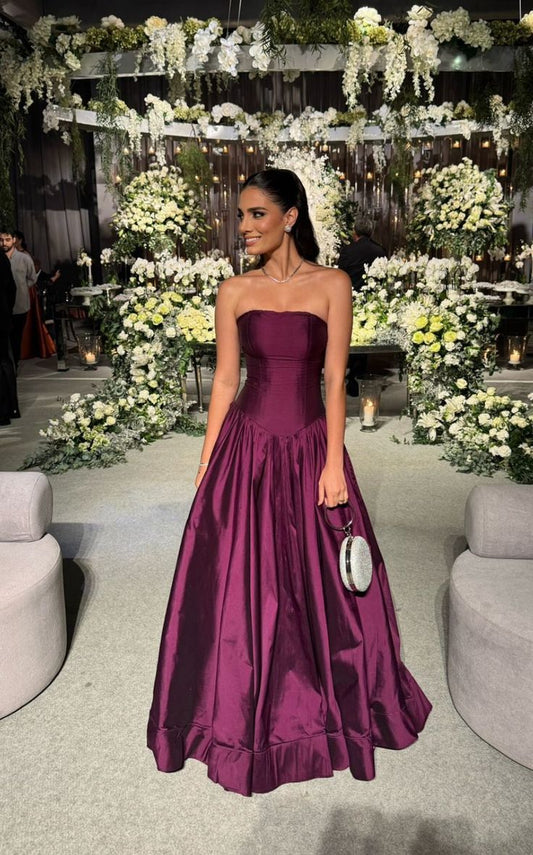 Modern Purple Satin Simple Strapless Elegant A-line Slim-Fit Party Evening Prom Dress N2347