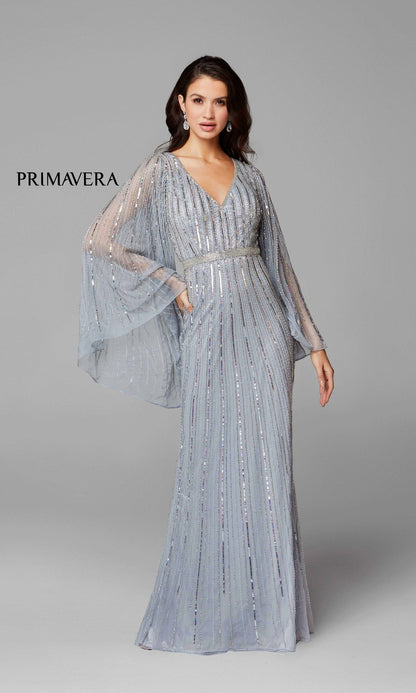Dramatic Long-Sleeve Beaded Long Evening Gown 3672