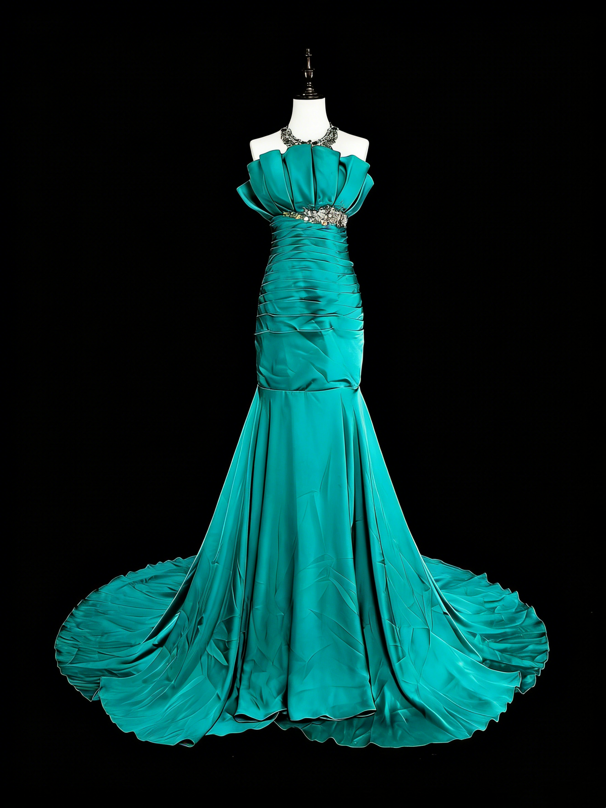 Vintage Mermaid Strapless Satin Green 70s With Pleated Beads Long Prom Gown Party Wear Dresses N1842