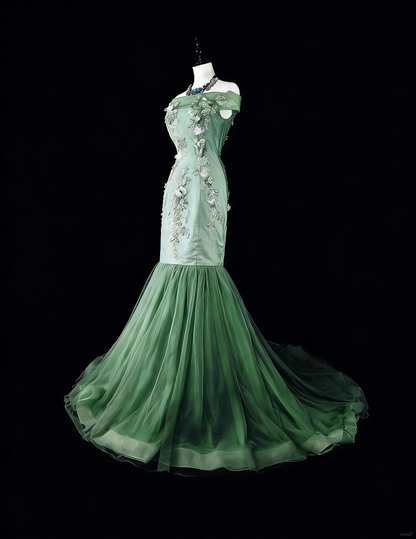 Vintage Mermaid Off The Shoulder Sage Green 70s Lace Long Prom Gown Party Wear Dresses N1836