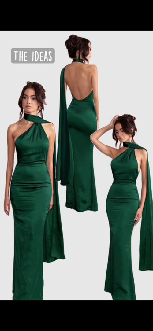 Sexy Mermaid One Shoulder Dark Green Backless Satin Formal Dress Long Prom Dresses N2679