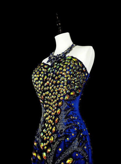 Vintage Mermaid Sweetheart Royal Blue 70s Tulle Long Prom Gown Party Wear Dresses N1833