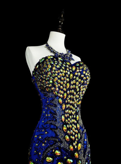 Vintage Mermaid Sweetheart Royal Blue 70s Tulle Long Prom Gown Party Wear Dresses N1833