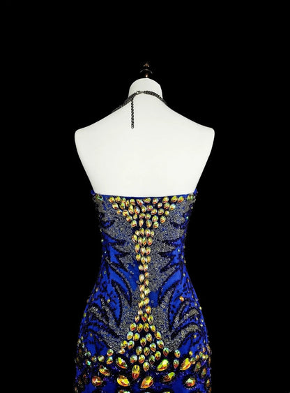 Vintage Mermaid Sweetheart Royal Blue 70s Tulle Long Prom Gown Party Wear Dresses N1833