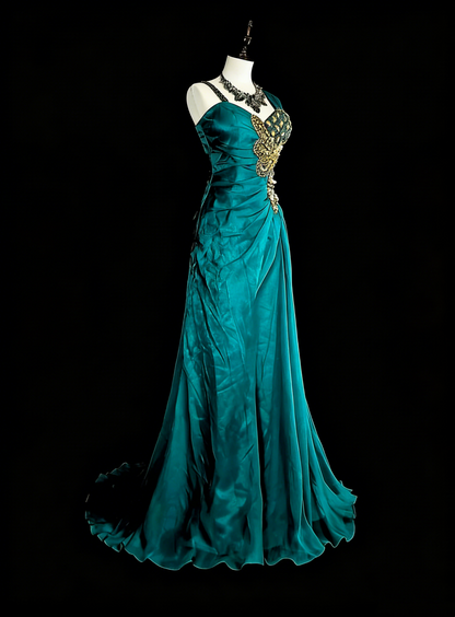 Vintage Mermaid Green 70s With Pleated Gold Beads Long Prom Gown Party Wear Dresses N1837