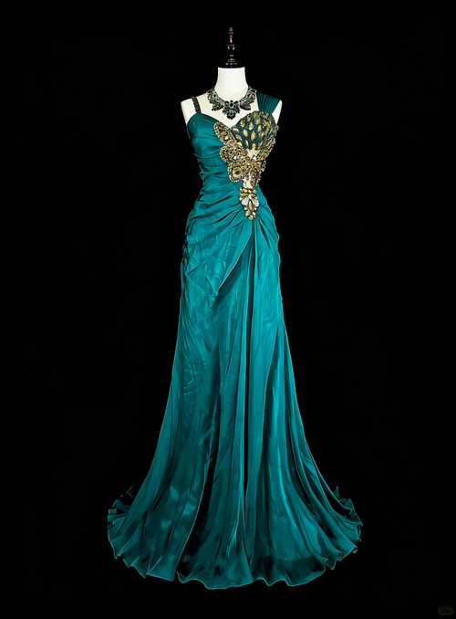 Vintage Mermaid Green 70s With Pleated Gold Beads Long Prom Gown Party Wear Dresses N1837