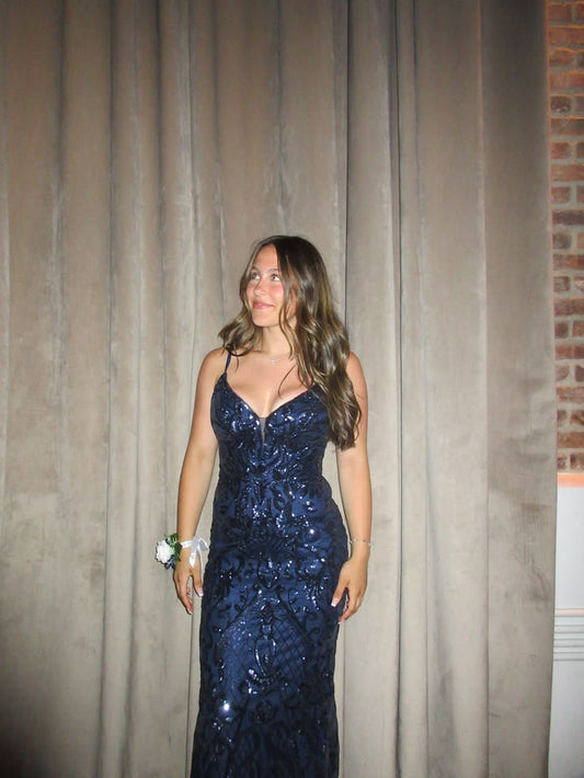 Modest Mermaid Prom Dresses For Women Spaghetti Straps Navy Blue Sequin Party Gown Birthday Gowns N1528