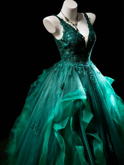 Modest Prom Dresses Ball Gown V Neck Dark Green Tulle With Appliqued Long Quince Dress N3057