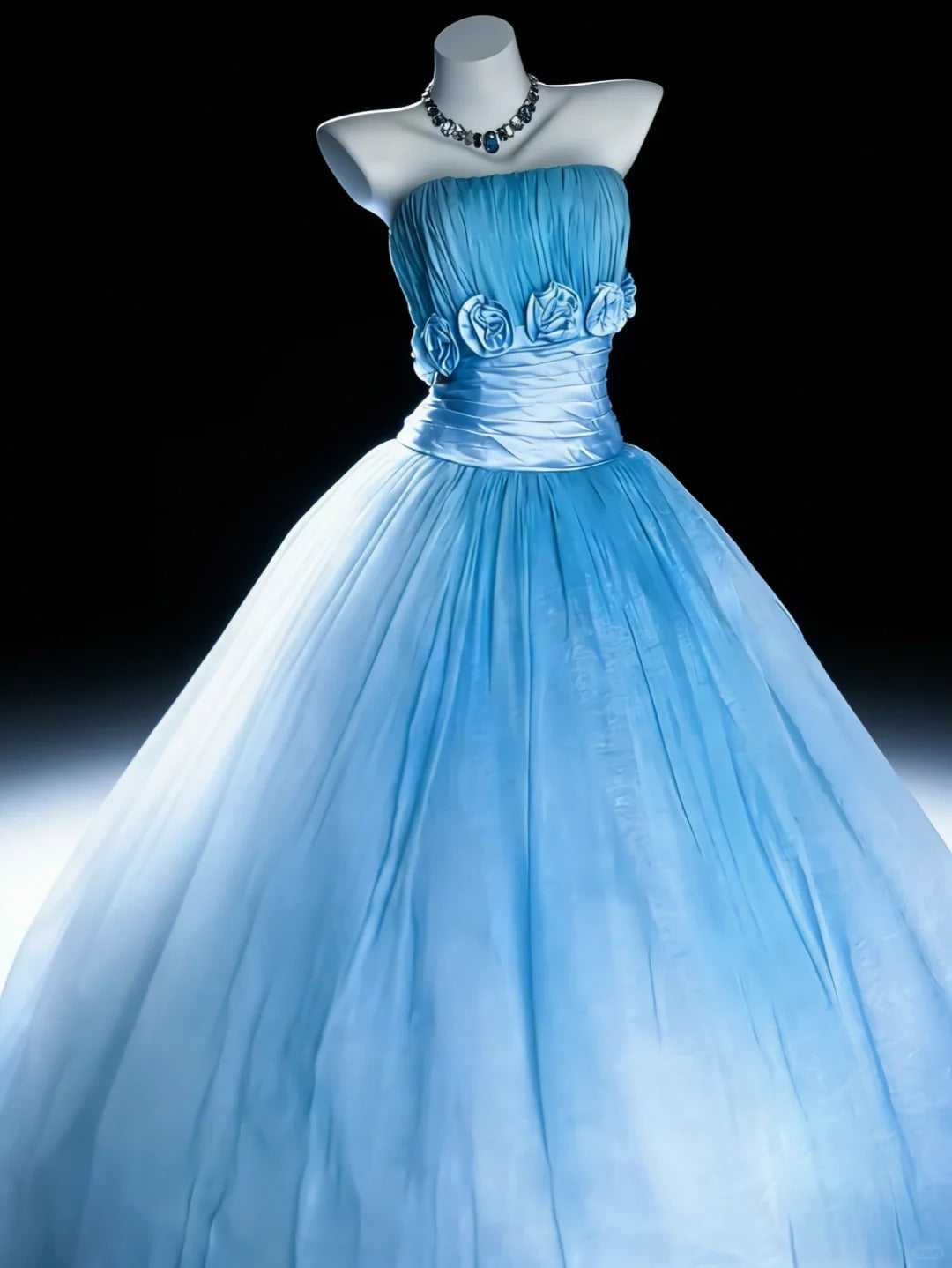 Modest Prom Dresses Ball Gown Strapless Blue Tulle With Ruffled Flowers Long Quince Dress N3051