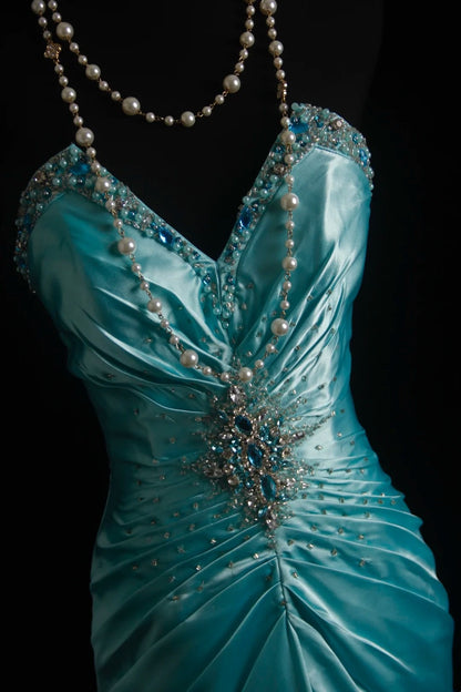 Vintage Mermaid Sweetheart Blue Satin Sleeveless Summer Formal For Women Girls Teens Prom Dresses N2247