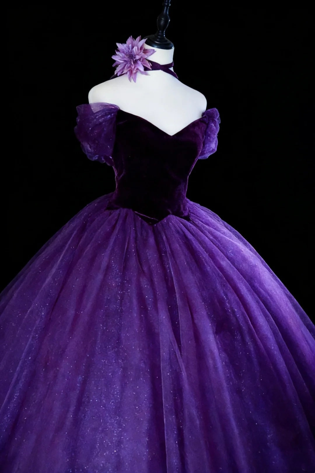 Modest Prom Dresses Ball Gown Off The Shoulder Purple Tulle With Sleeves Long Quince Dress N2966