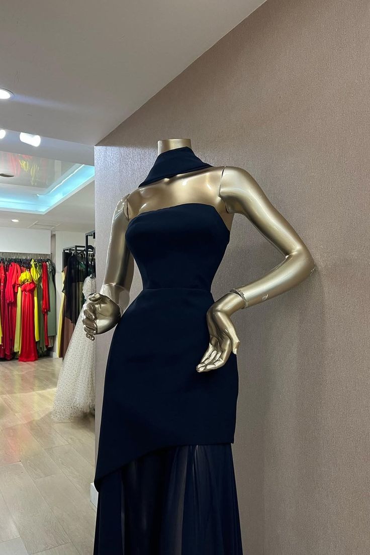 Charming Dark Navy Strapless Sleeveless Stain Prom Dresses Sheath Long On Sale AB1930