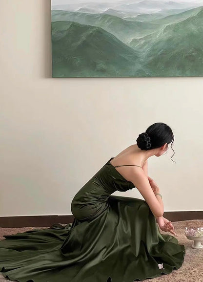 Stunning Chic Mermaid Spaghetti Strap Dark Green Satin With Pleated Formal Dress Long Prom Dresses N2823