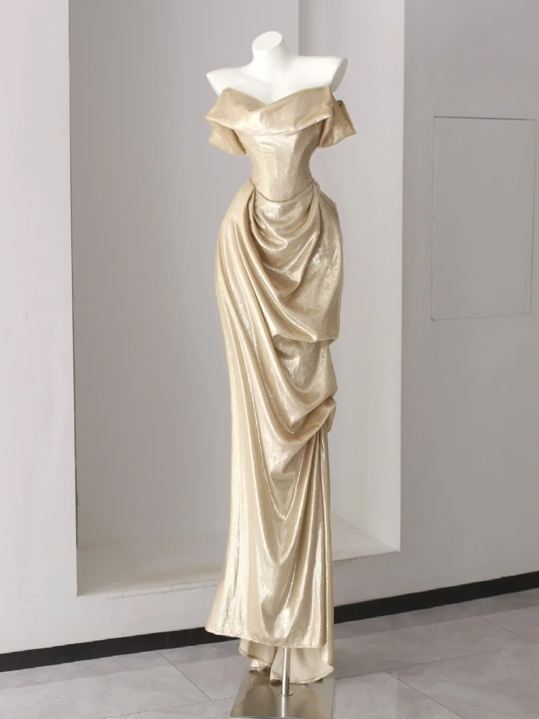 Glitter Prom Dresses Mermaid Off The Shoulder Gold Sequined With Ruffle Long Formal Gown N2944