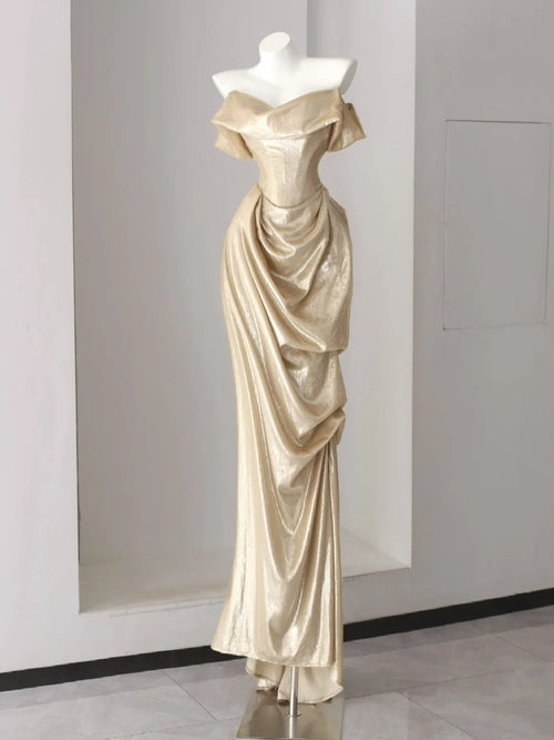 Glitter Prom Dresses Mermaid Off The Shoulder Gold Sequined With Ruffle Long Formal Gown N2944