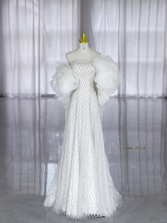 Modest Prom Dresses A line Strapless Neck White Sequin With Cape Long Formal Dance Dress N2996