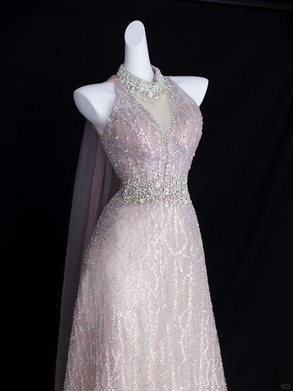 Elegant A Line Halter Blush Pink With Beading Formal Dress Sequin Birthday Prom Dresses N2829