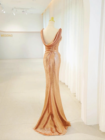 Beautiful Prom Dresses Mermaid Gold Sequined With Folded Long Formal Gown N2935