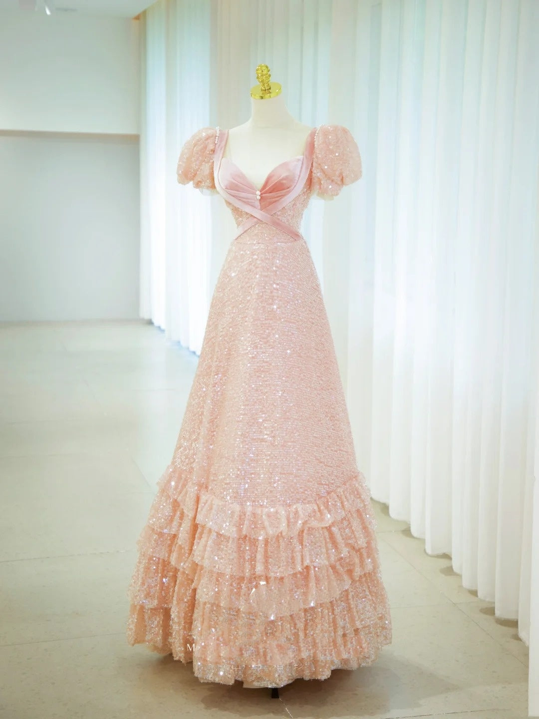 Sweet Ball Gown Sweetheart Short Sleeves Pink Sequined Long Formal Dress Birthday Prom Dresses N2855