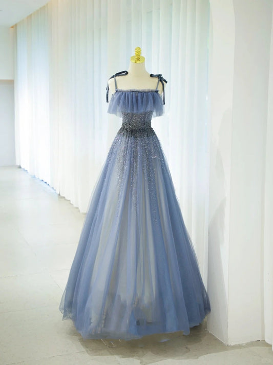 Romantic A Line Spaghetti Strap Dusty Blue Grey With Beading Formal Dress Long Prom Dresses N2856