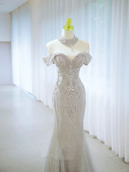 Sparkly Mermaid Off The Shoulder Silver Gray Sequined Prom Dresses Party Dress Birthday Outfits Graduation Gown N2847