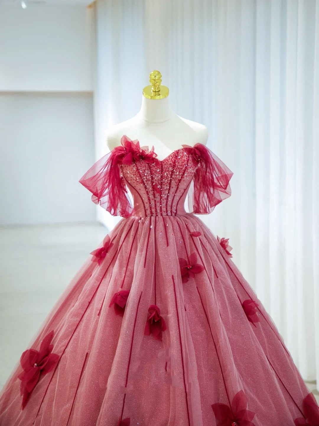 Pretty Prom Dresses Ball Gown Off The Shoulder Red Tulle With Flowers Long Formal Gown N2937