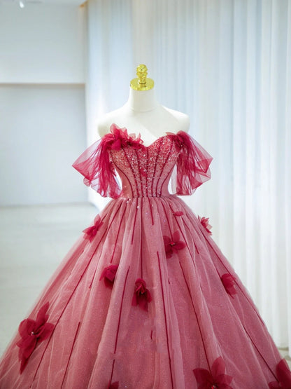 Pretty Prom Dresses Ball Gown Off The Shoulder Red Tulle With Flowers Long Formal Gown N2937