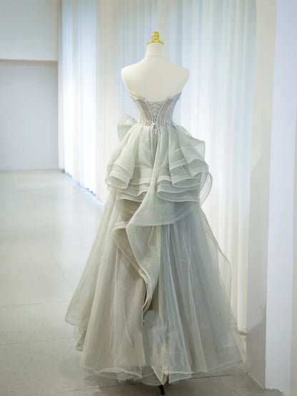 Elegant Ball Gown Strapless Gray With Appliqued Tulle Long Formal Dress Birthday Prom Dresses N2854