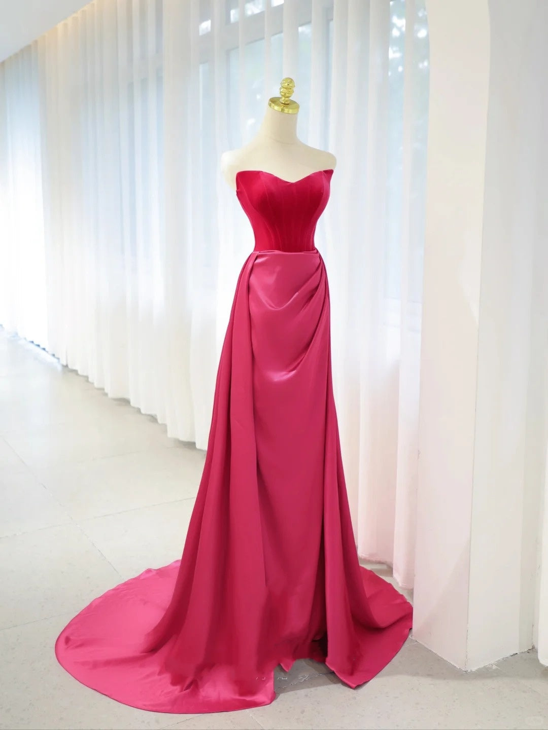 Beautiful Prom Dresses Mermaid Strapless Hot Pink Satin With Folded Long Formal Gown N2934