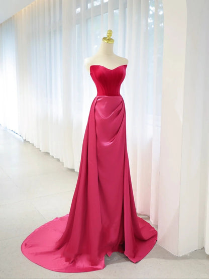 Beautiful Prom Dresses Mermaid Strapless Hot Pink Satin With Folded Long Formal Gown N2934