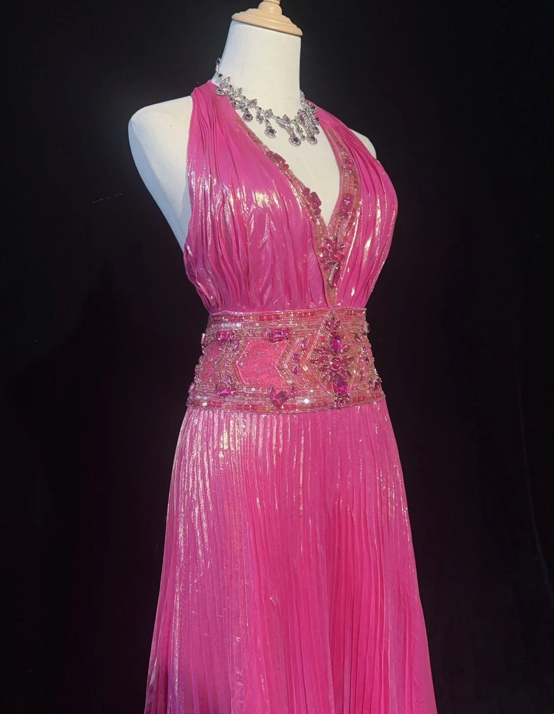 Vintage 90s Prom Dresses A Line Halter Hot Pink With Beading Crystals Long Prom Gown N3062
