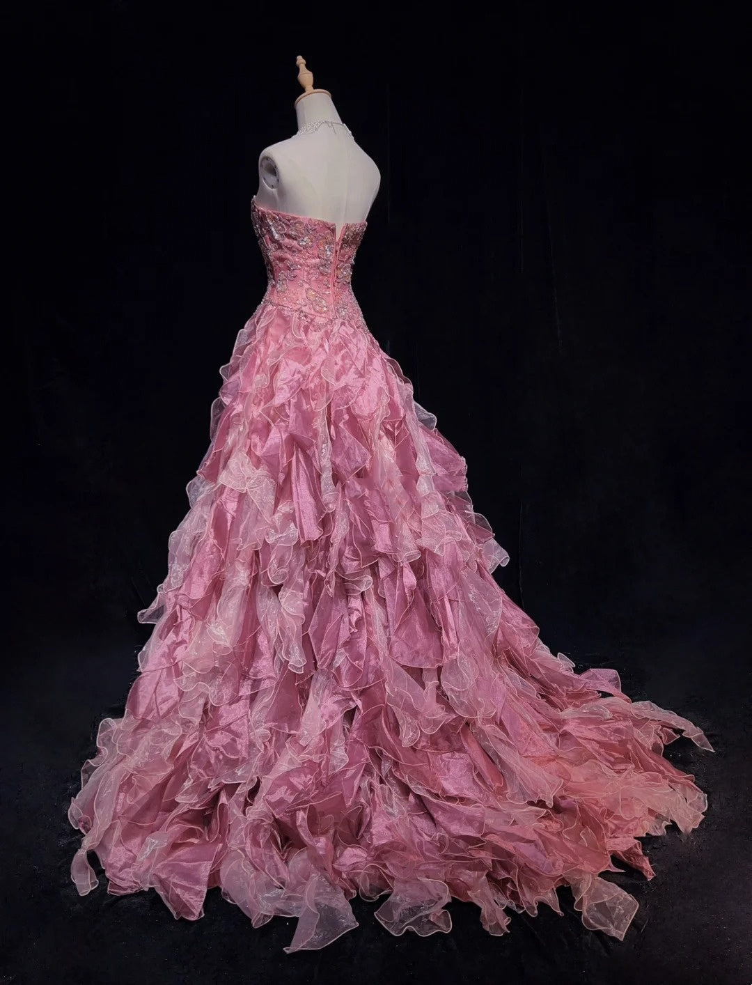 Princess Prom Dresses Ball Gown Strapless Pink Tulle Tiered Layers Evening Long Quince Dress N3286