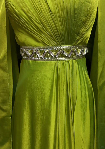 Vintage 90s Prom Dresses A Line Strapless Green Chiffon With Pleated Cape Formal Evening Outfits N3852