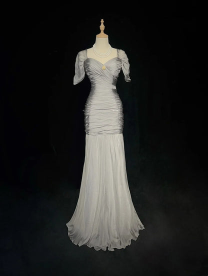 Modest Prom Dresses Mermaid Off The Shoulder Gray Chiffon With Sleeves Formal Evening Dress N3847