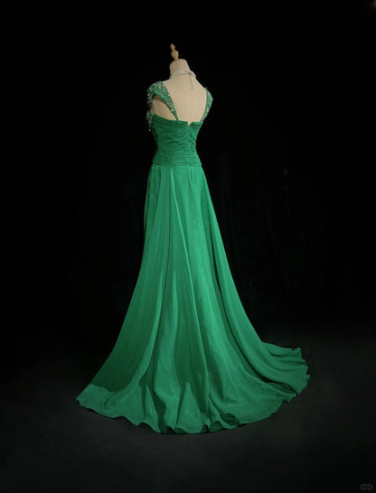 Vintage Prom Aesthetic Dresses A line Strapless Green Chiffon With Beading Long Formal Dress N3027