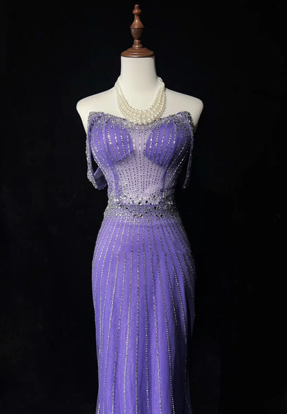 Glitter Prom Dresses Mermaid Sweetheart Lilac Tulle With Beading Backless Long Formal Evening Dress N3888
