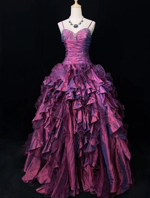Vintage Prom Dresses Inspo Ball Gown Spaghetti Strap Purple Tulle Tiered Layers 80s With Beaded Formal Gowns N3357