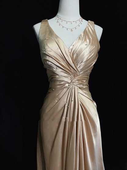 Vintage Prom Dresses Inspo A Line V Neck Gold Satin Long 1990s With Beading Formal Gowns N3347