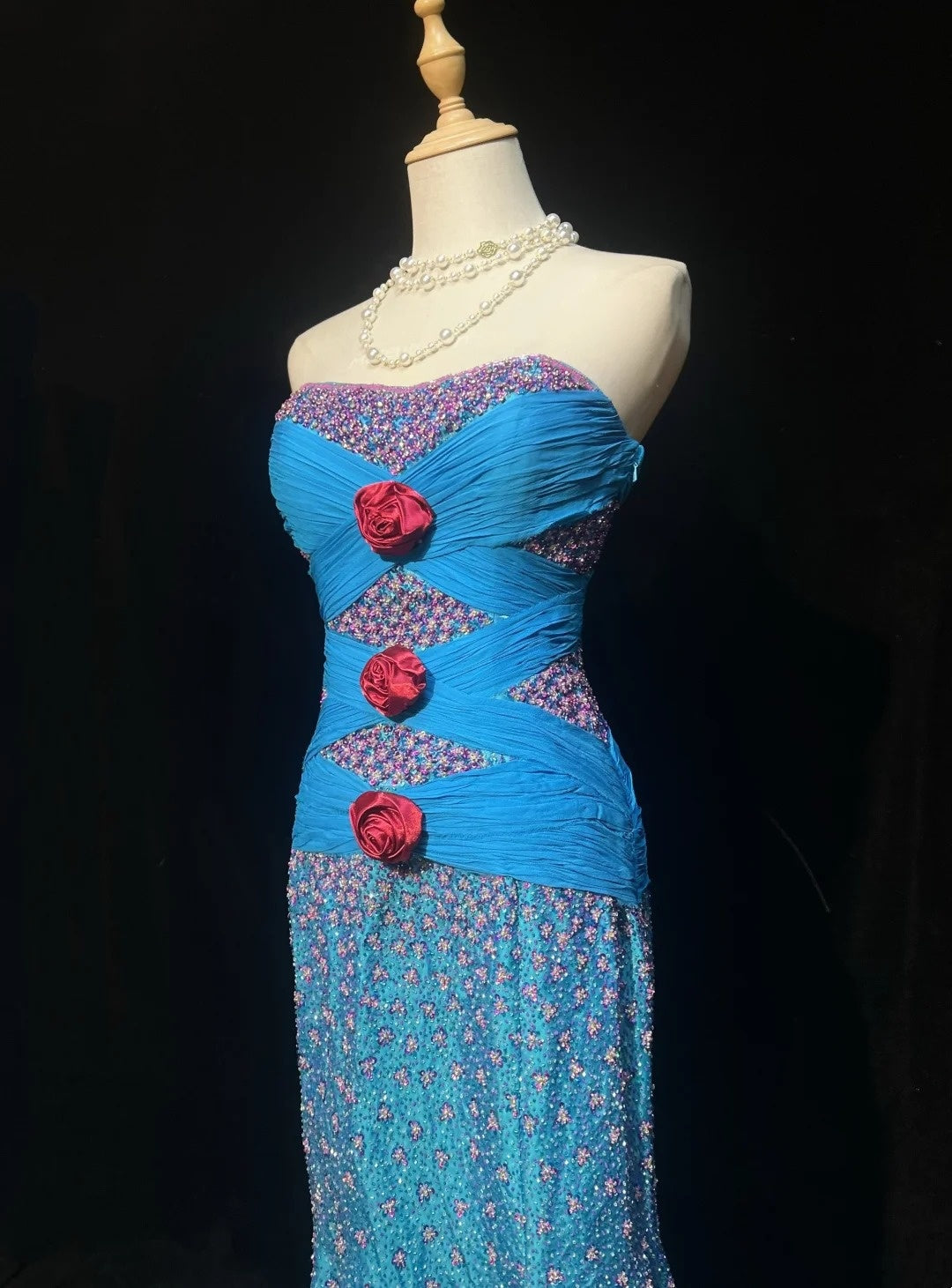 Beautiful Prom Dresses Mermaid Strapless Blue With Beaded Long Formal Gown N2928