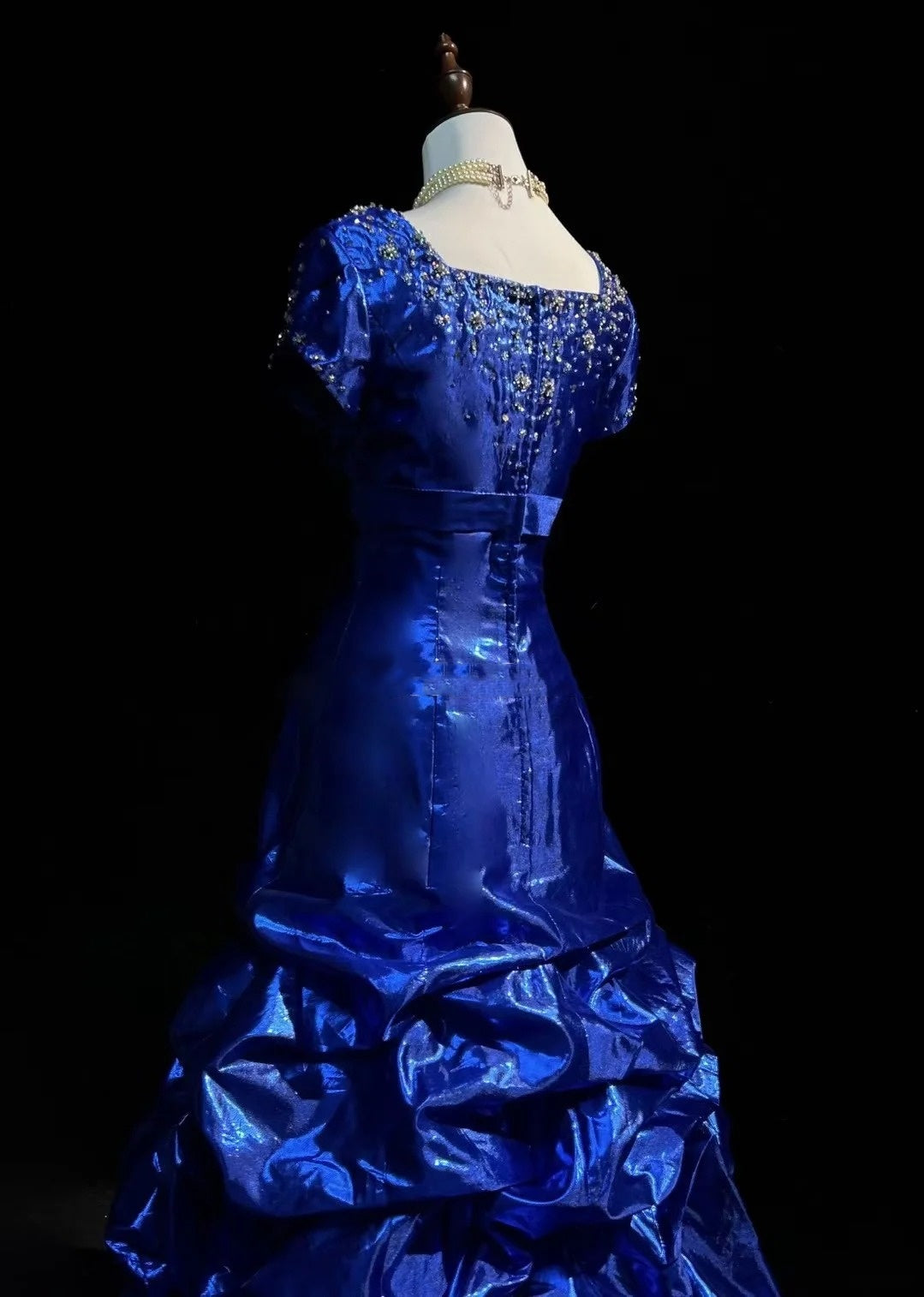 Vintage Prom Dresses 1960s Mermaid Square Neck Royal Blue Organza With Beaded Long Prom Gown N3116